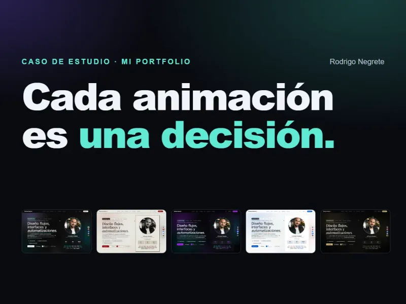 Cada animación es una decisión: titular del caso de estudio de este portfolio sobre fondo oscuro, con miniaturas de los cinco temas visuales del sitio
