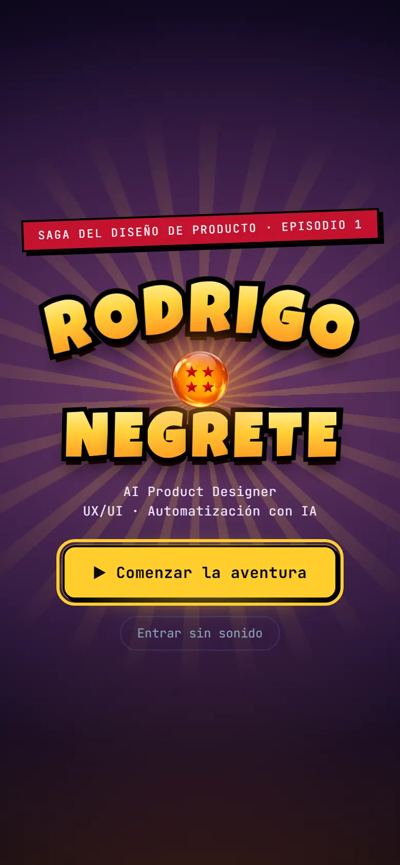 Portfolio gamificado estilo Dragon Ball Z de Rodrigo Negrete: personaje con aura Super Saiyan azul, logo Capsule Corp, rótulo Saga del diseño de producto