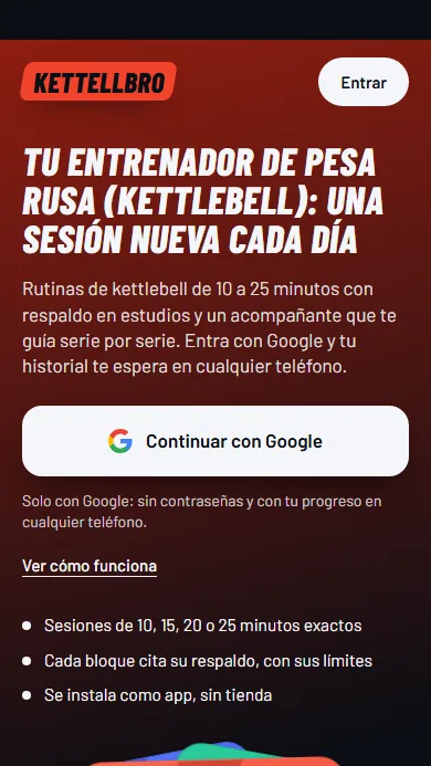 KETTELBRO, PWA de pesa rusa: recorrido por la portada con el titular Tu entrenador de pesa rusa y las cartas de sesión, la pantalla Hoy con la tarjeta azul El peso muerto y la página La ciencia detrás de la pesa rusa