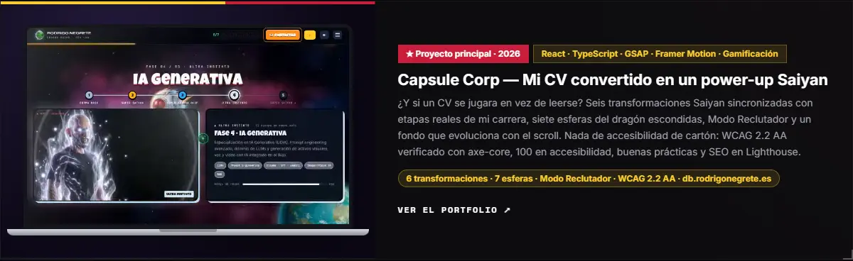 Tarjeta destacada de Capsule Corp con el clip del proyecto dentro de un marco de laptop y el texto del caso a la derecha