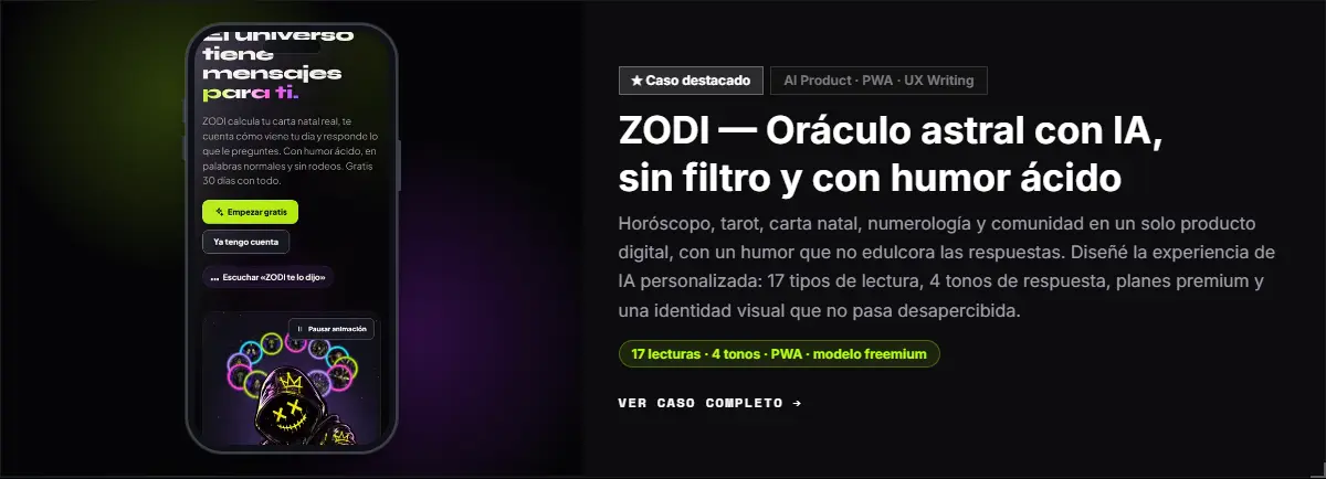 Tarjeta de ZODI con el clip dentro de un marco de teléfono y el texto del caso a la derecha